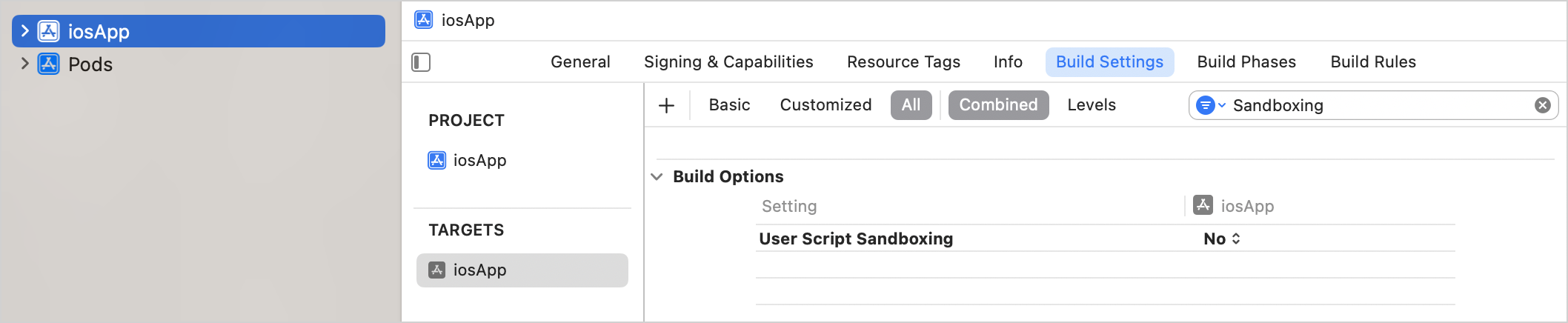 禁用 sandboxing CocoaPods