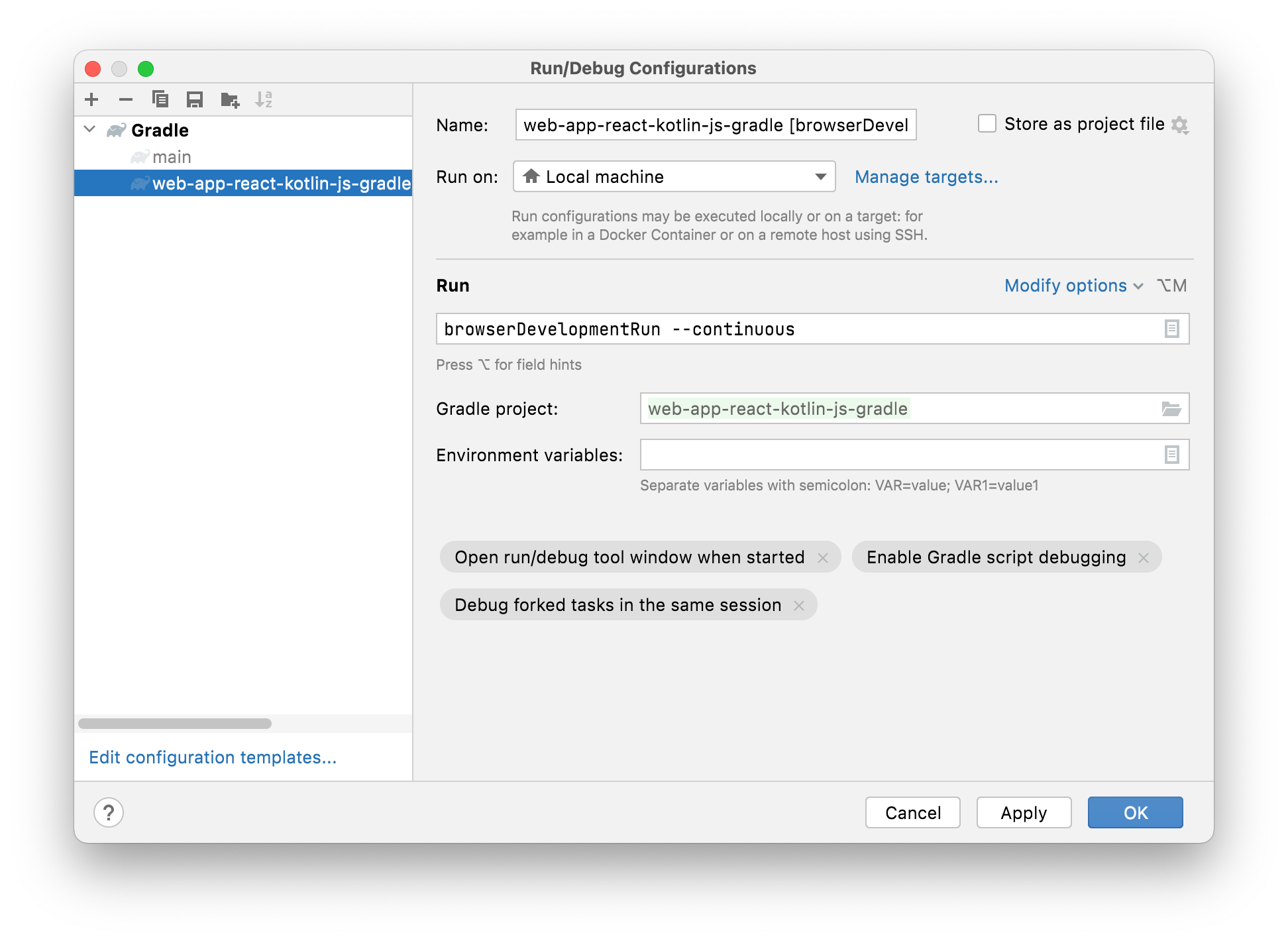 在 IntelliJ IDEA 中向运行配置添加 continuous 选项