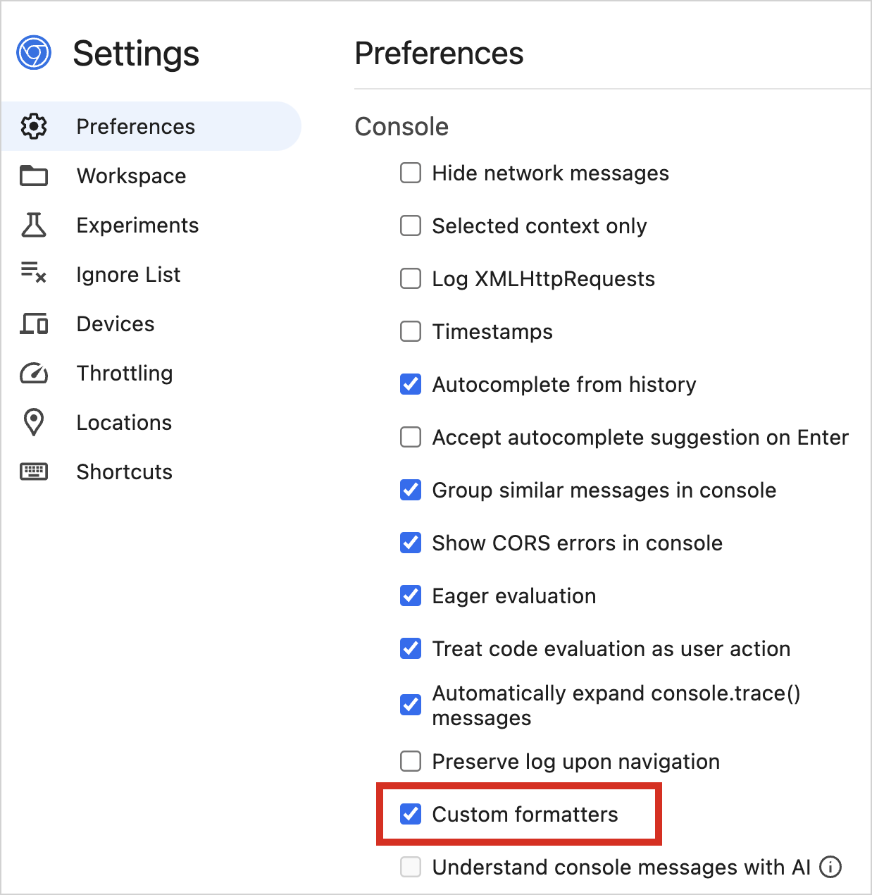 Enable custom formatters in Chrome